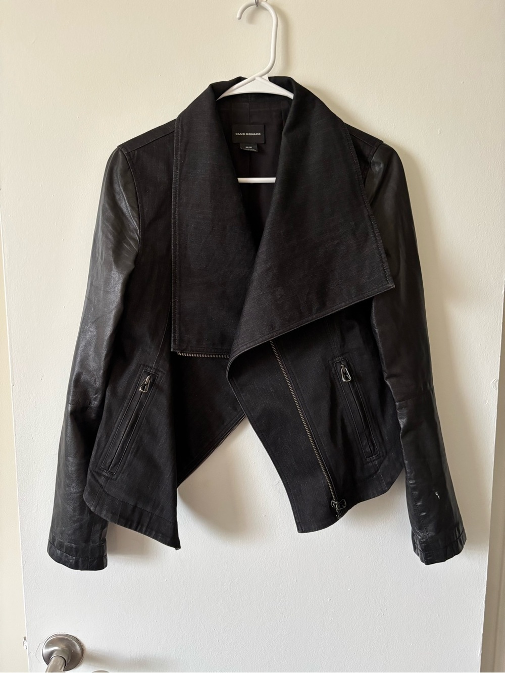 Club Monaco Black Draped Mixed-Media Leather Jacket
